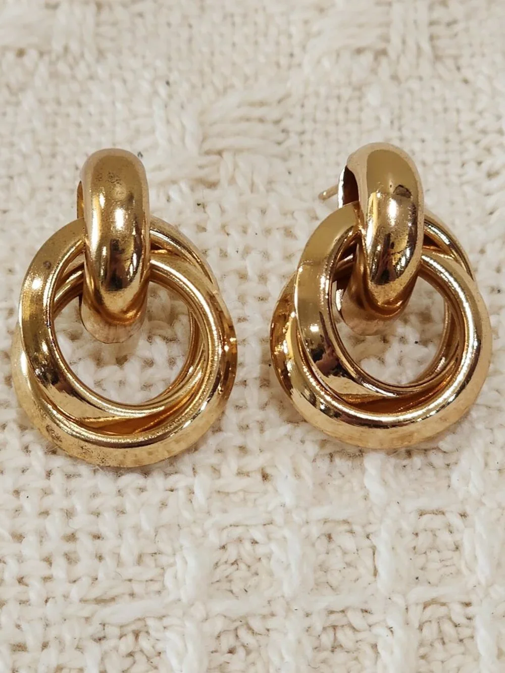 Gold Double Ring Knot Half Circle Stud Classy Office Pierced Earrings